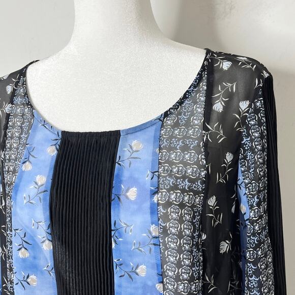 Style & Co Womens Peasant Top M Blue & Black Floral Mix Print Bell Sleeve Sheer - Picture 4 of 10